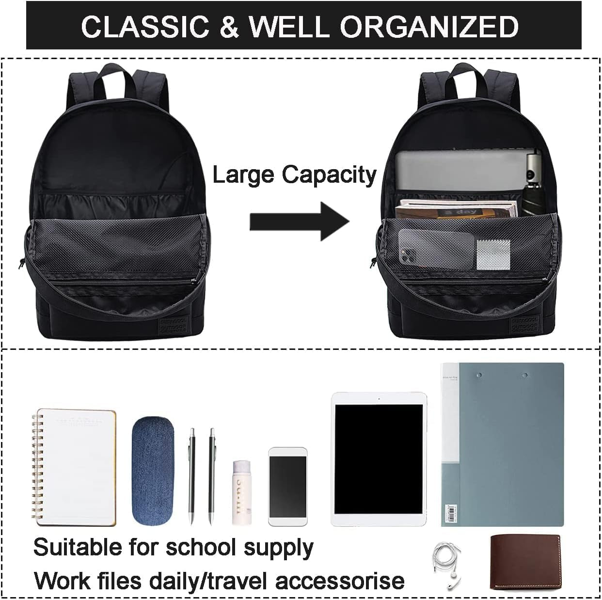 Adult Backpack with Charging Port (Black)