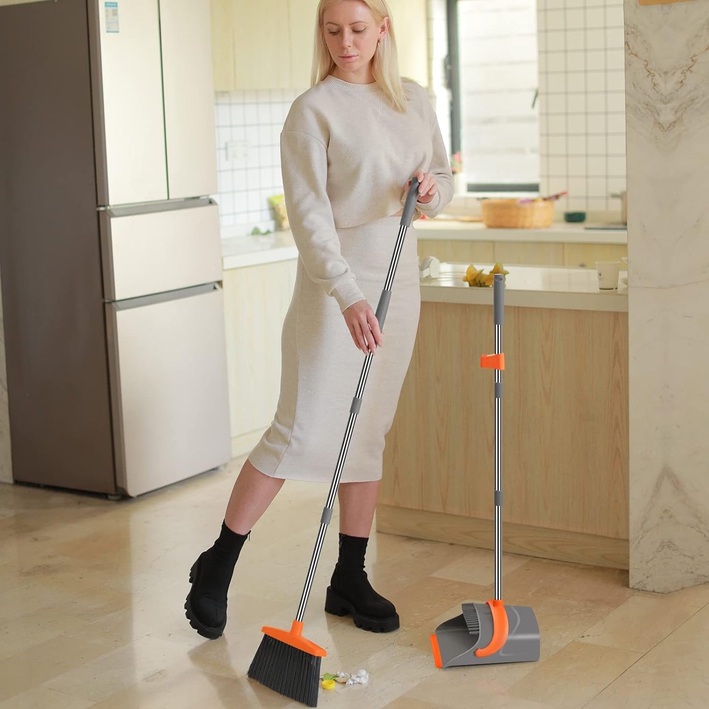 Broom and Dustpan Set (Gray & Orange)