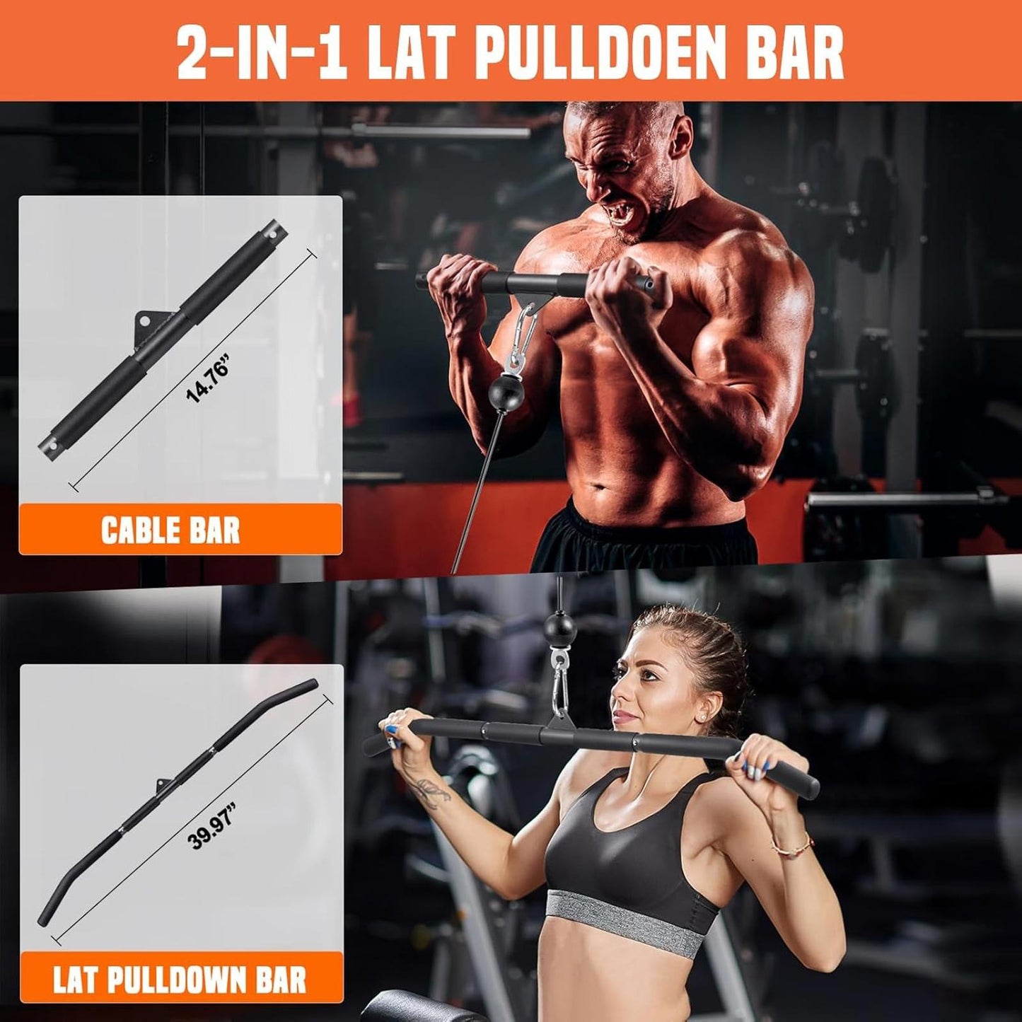 Cable Pulley System Gym LAT Pulldown 2-in-1 Bar Triceps Biceps Back