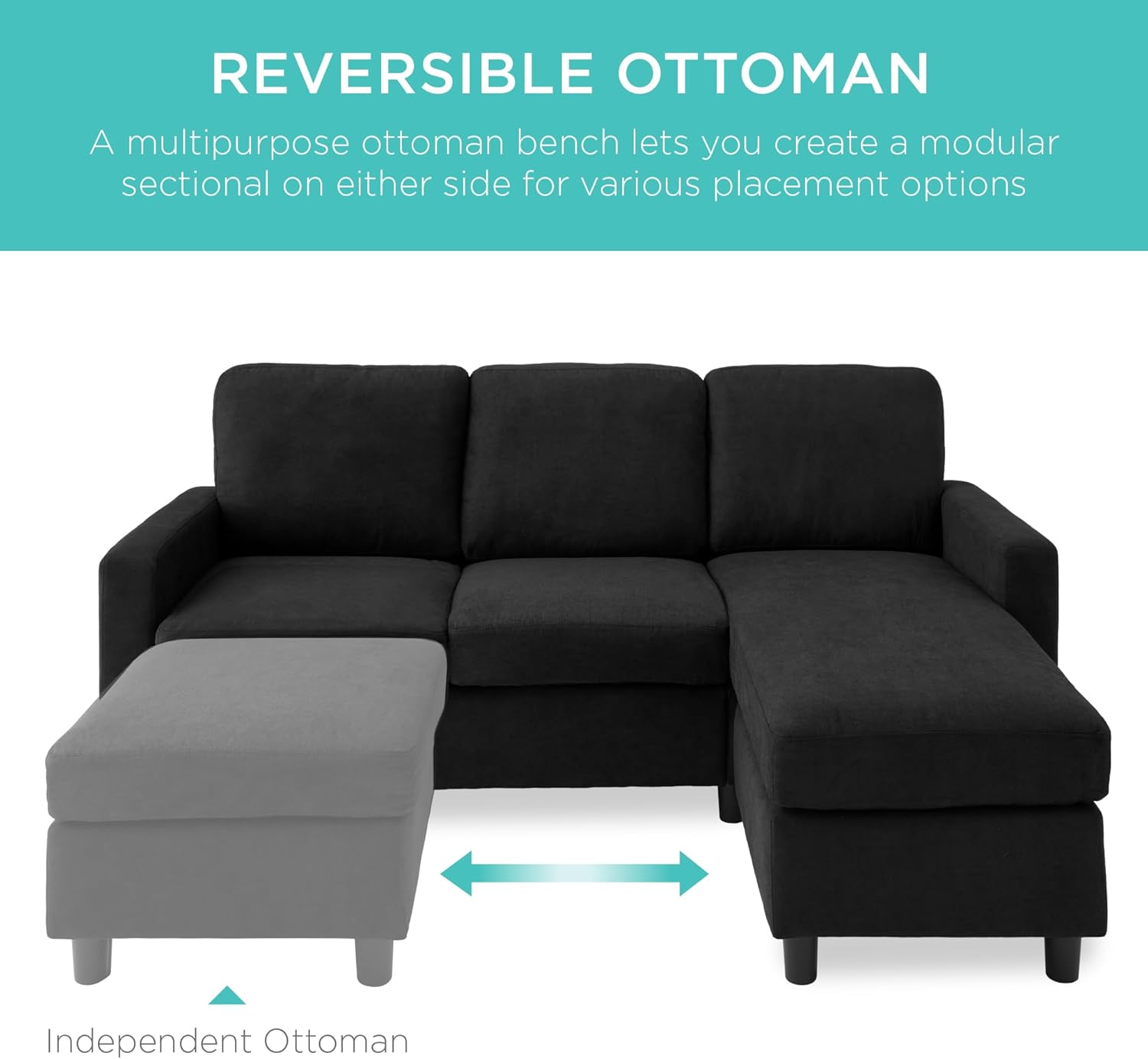 Upholstered Sectional Sofa for Home, Apartment, Dorm, Bonus Room, Compact Spaces W/Chaise Lounge, 3-Seat, L-Shape Design, Reversible Ottoman Bench, 680Lb Capacity - Black or Blue