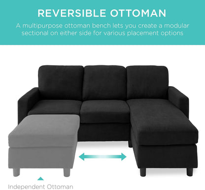 Upholstered Sectional Sofa for Home, Apartment, Dorm, Bonus Room, Compact Spaces W/Chaise Lounge, 3-Seat, L-Shape Design, Reversible Ottoman Bench, 680Lb Capacity - Black or Blue