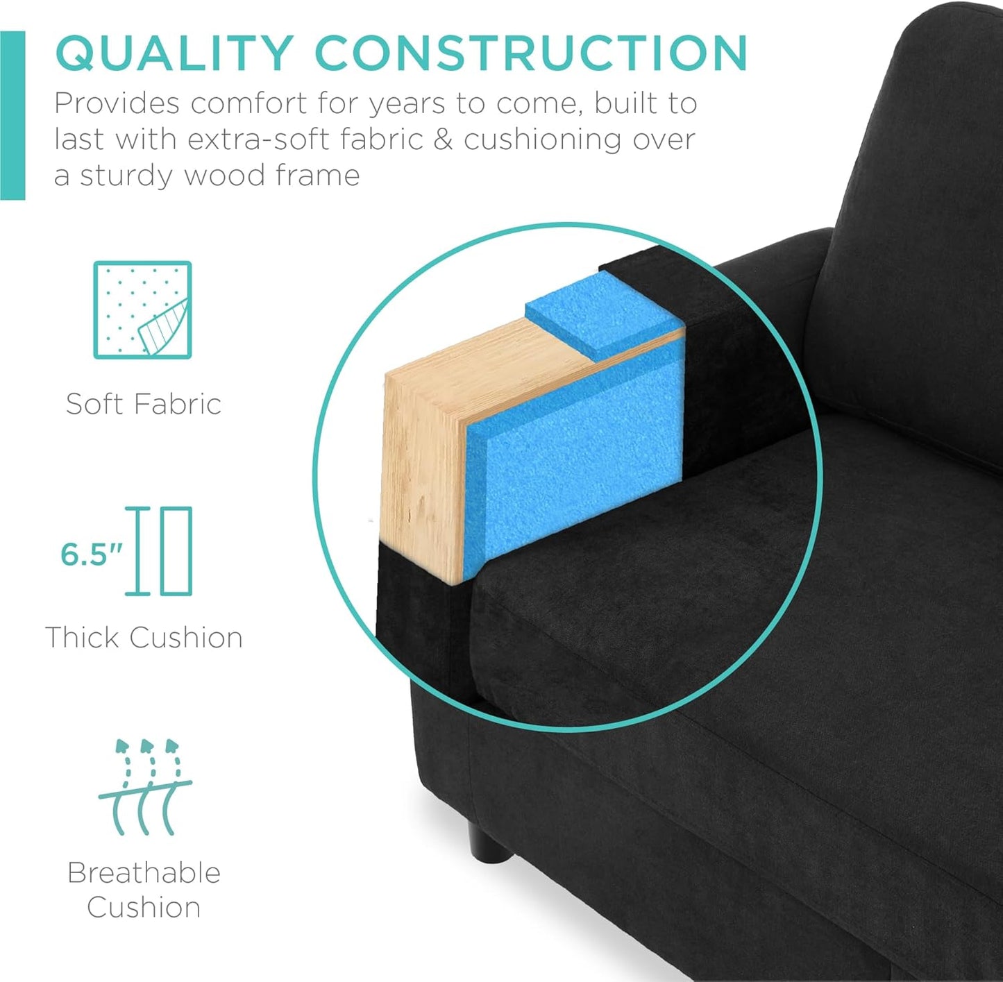 Upholstered Sectional Sofa for Home, Apartment, Dorm, Bonus Room, Compact Spaces W/Chaise Lounge, 3-Seat, L-Shape Design, Reversible Ottoman Bench, 680Lb Capacity - Black or Blue