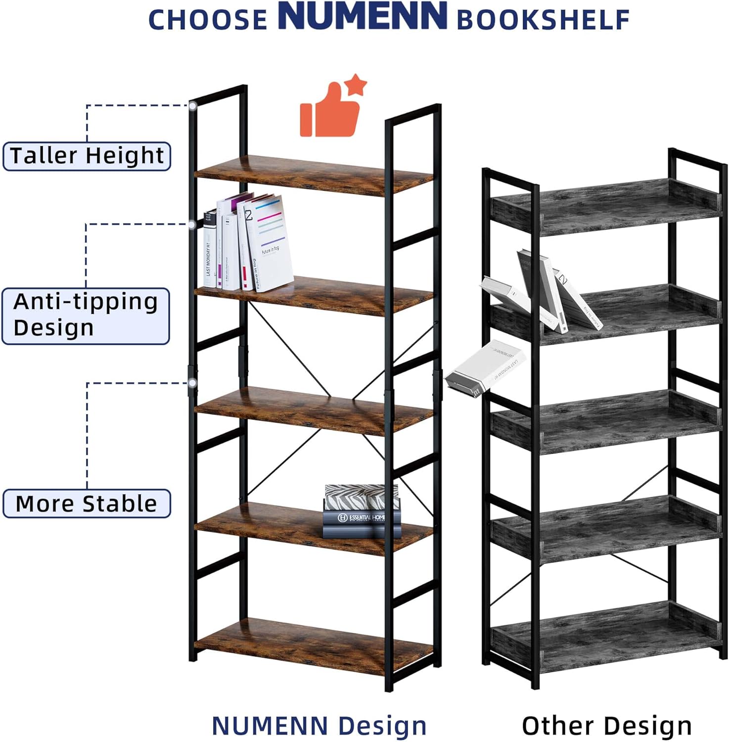 5 Tier Bookshelf for Bedroom, Office or Living Room