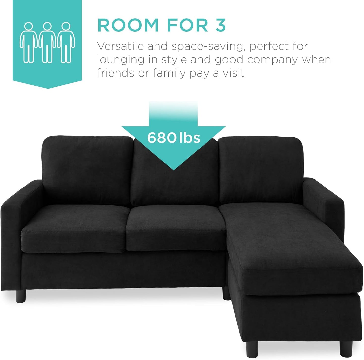 Upholstered Sectional Sofa for Home, Apartment, Dorm, Bonus Room, Compact Spaces W/Chaise Lounge, 3-Seat, L-Shape Design, Reversible Ottoman Bench, 680Lb Capacity - Black or Blue