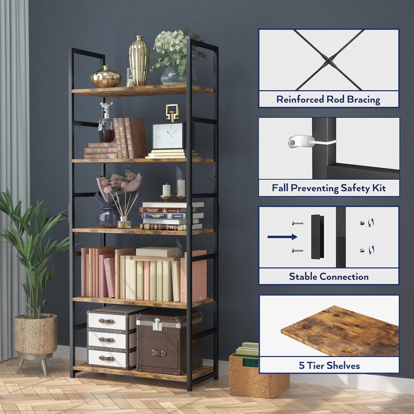 5 Tier Bookshelf for Bedroom, Office or Living Room