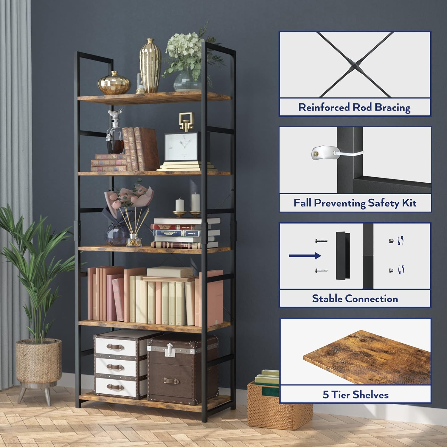 5 Tier Bookshelf for Bedroom, Office or Living Room