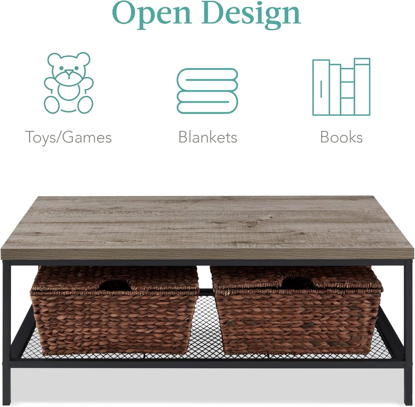  Coffee Table With Shelf for Living Room  - Gray (44 Inches)