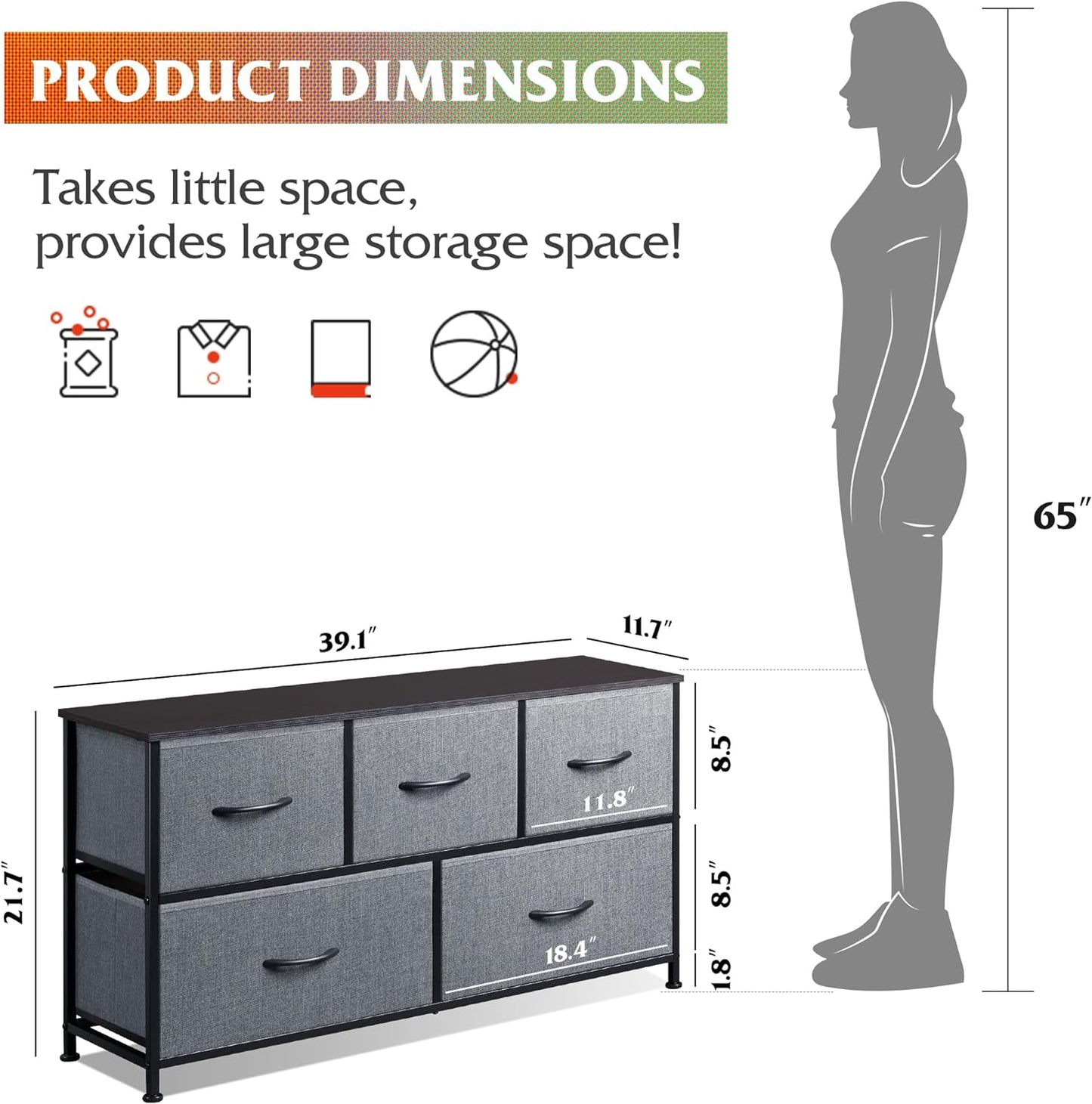 5 Drawer Dresser for Bedroom or Closet (Dark Grey)