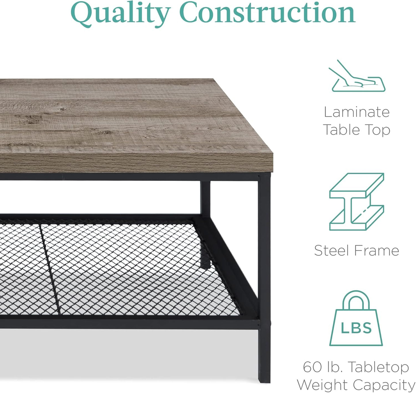 Coffee Table With Shelf for Living Room  - Gray (44 Inches)