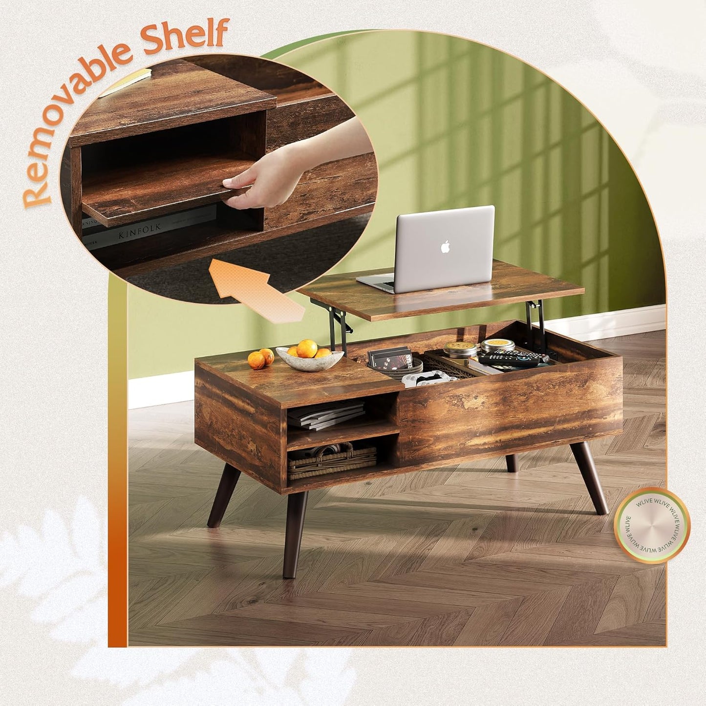 Coffee Table With Adjustable Shelf for Living Room or Office