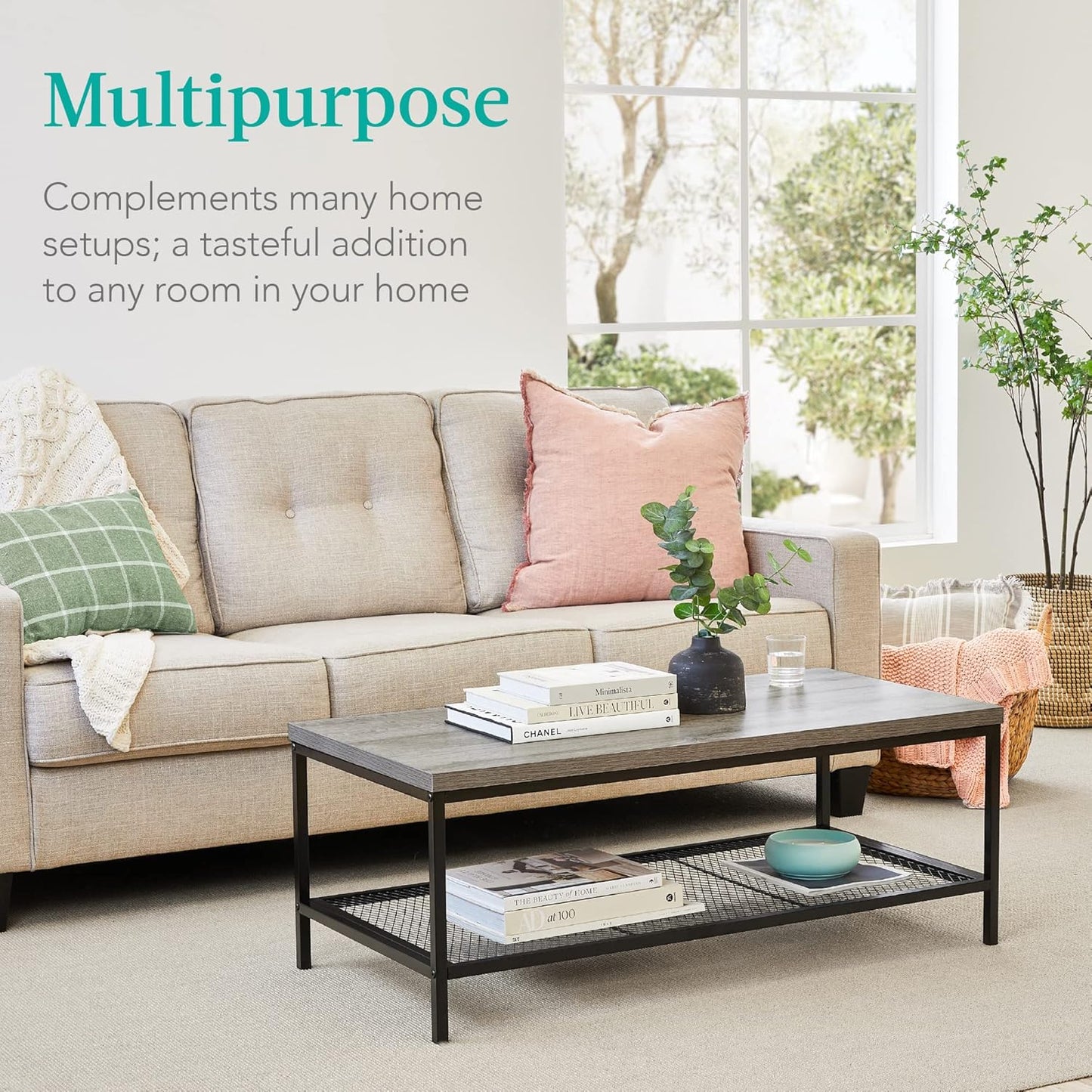  Coffee Table With Shelf for Living Room  - Gray (44 Inches)