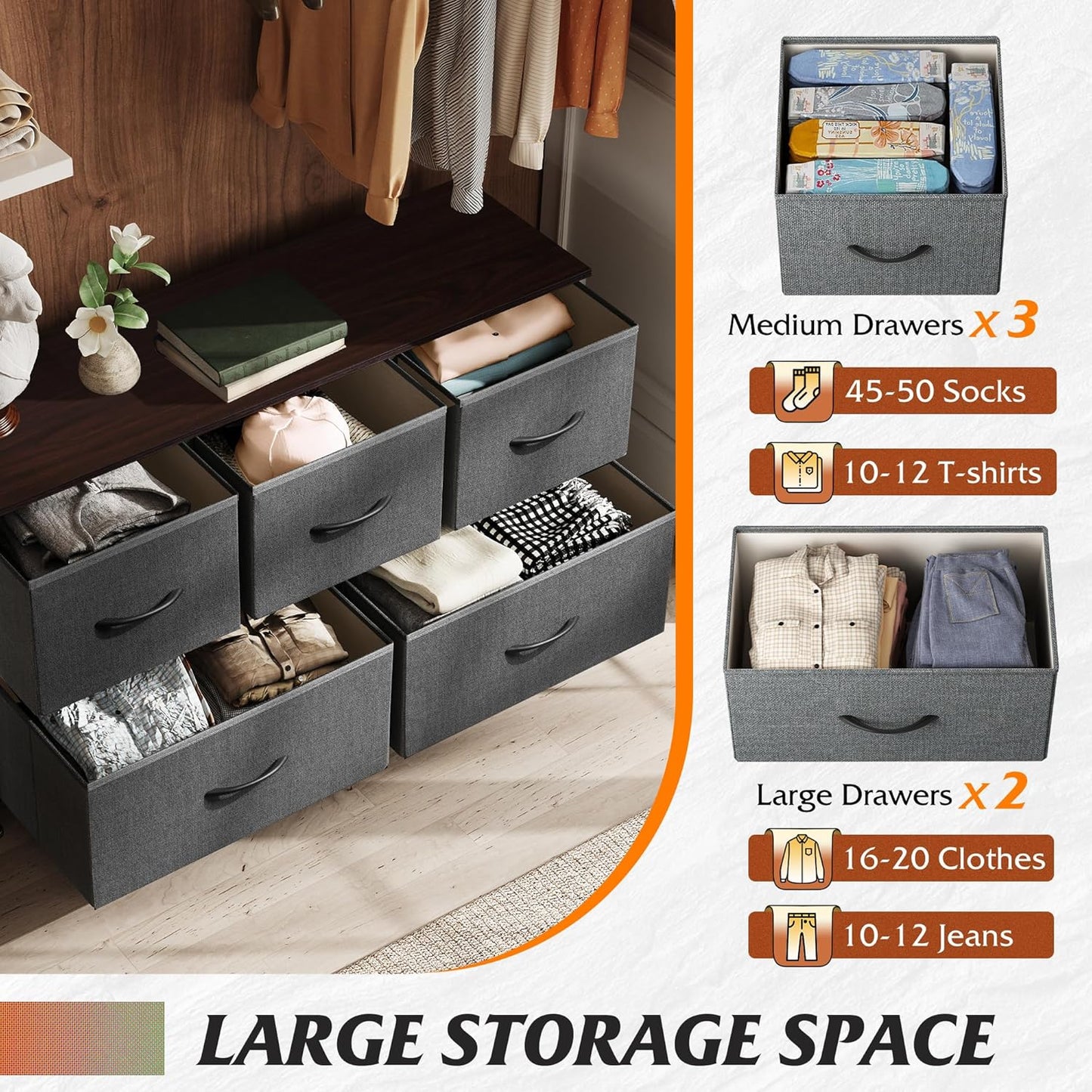 5 Drawer Dresser for Bedroom or Closet (Dark Grey)