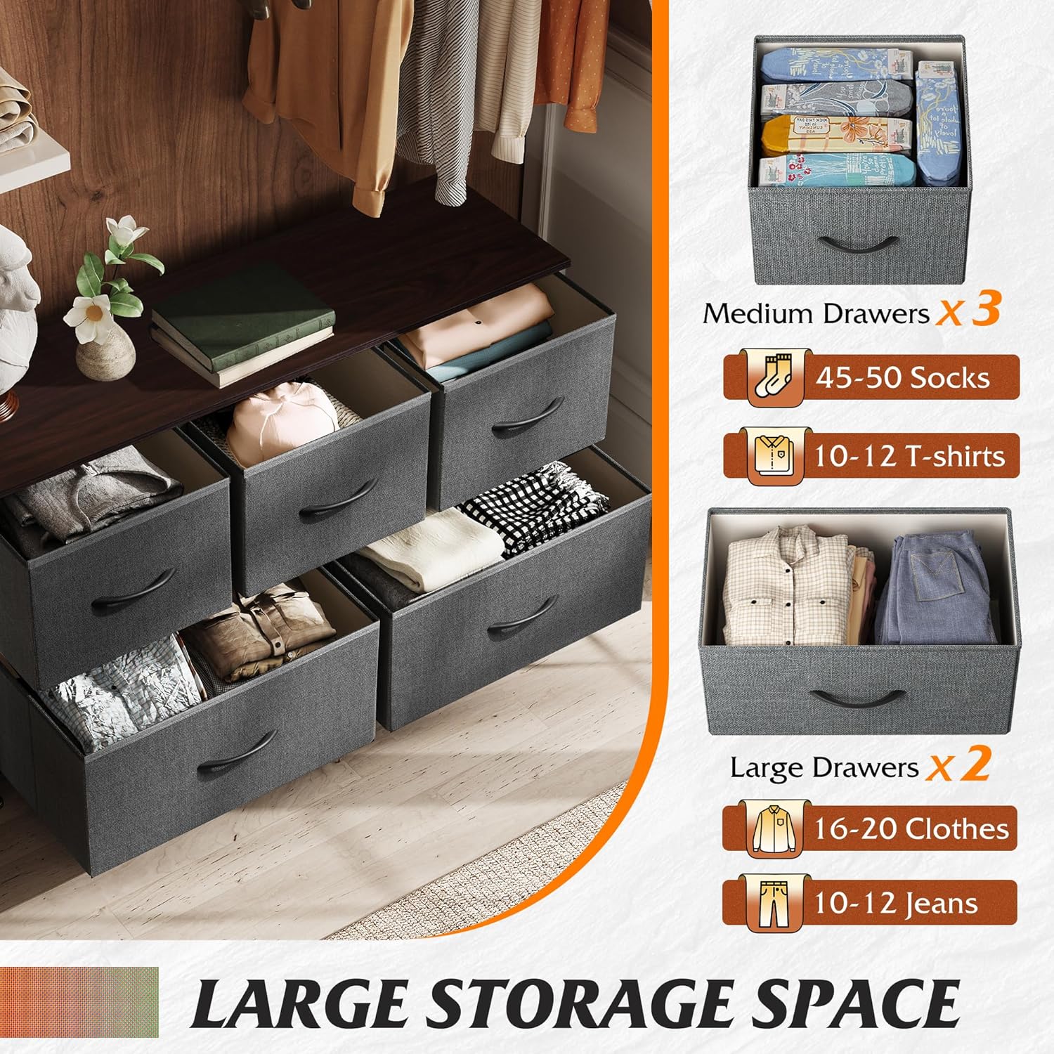 5 Drawer Dresser for Bedroom or Closet (Dark Grey)