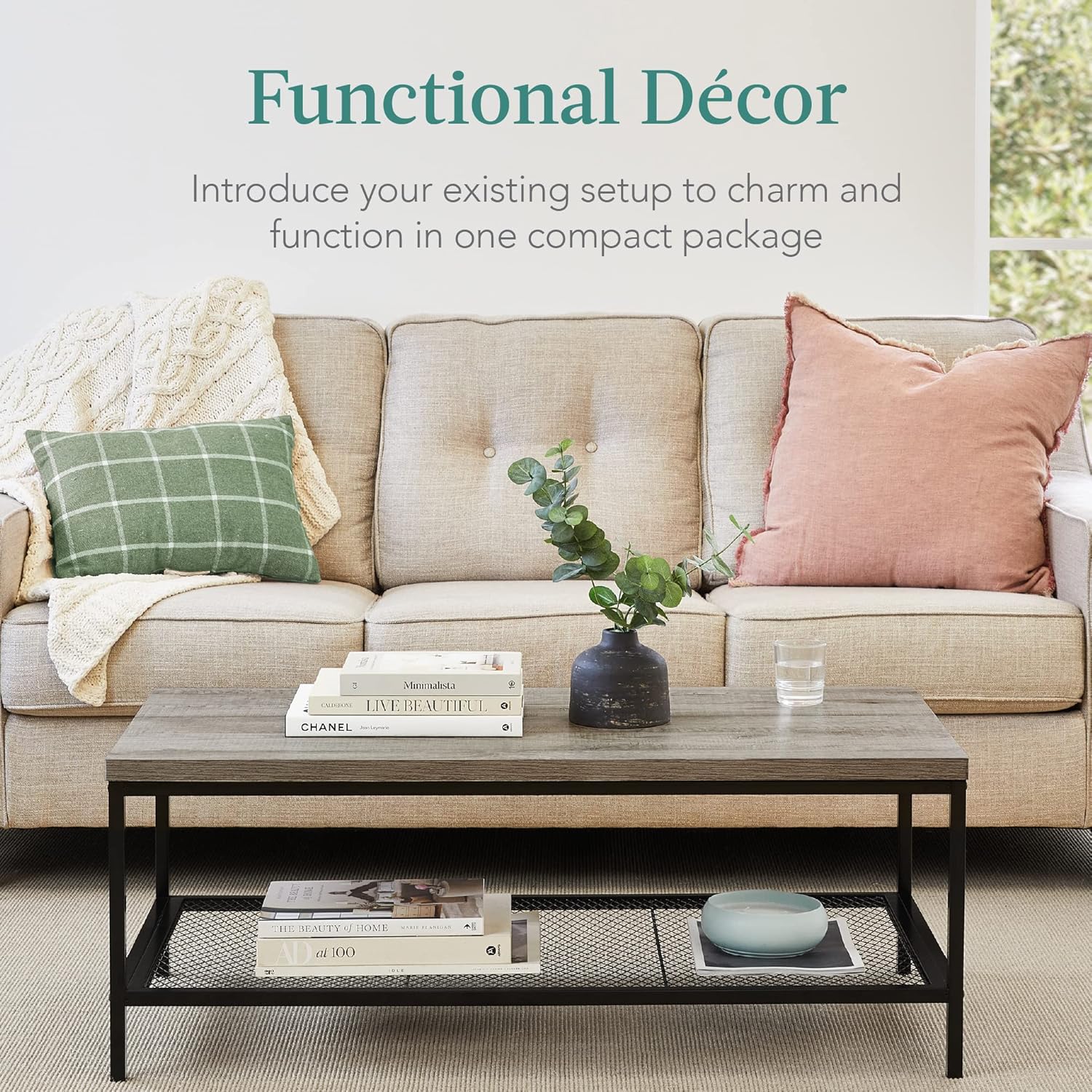  Coffee Table With Shelf for Living Room  - Gray (44 Inches)