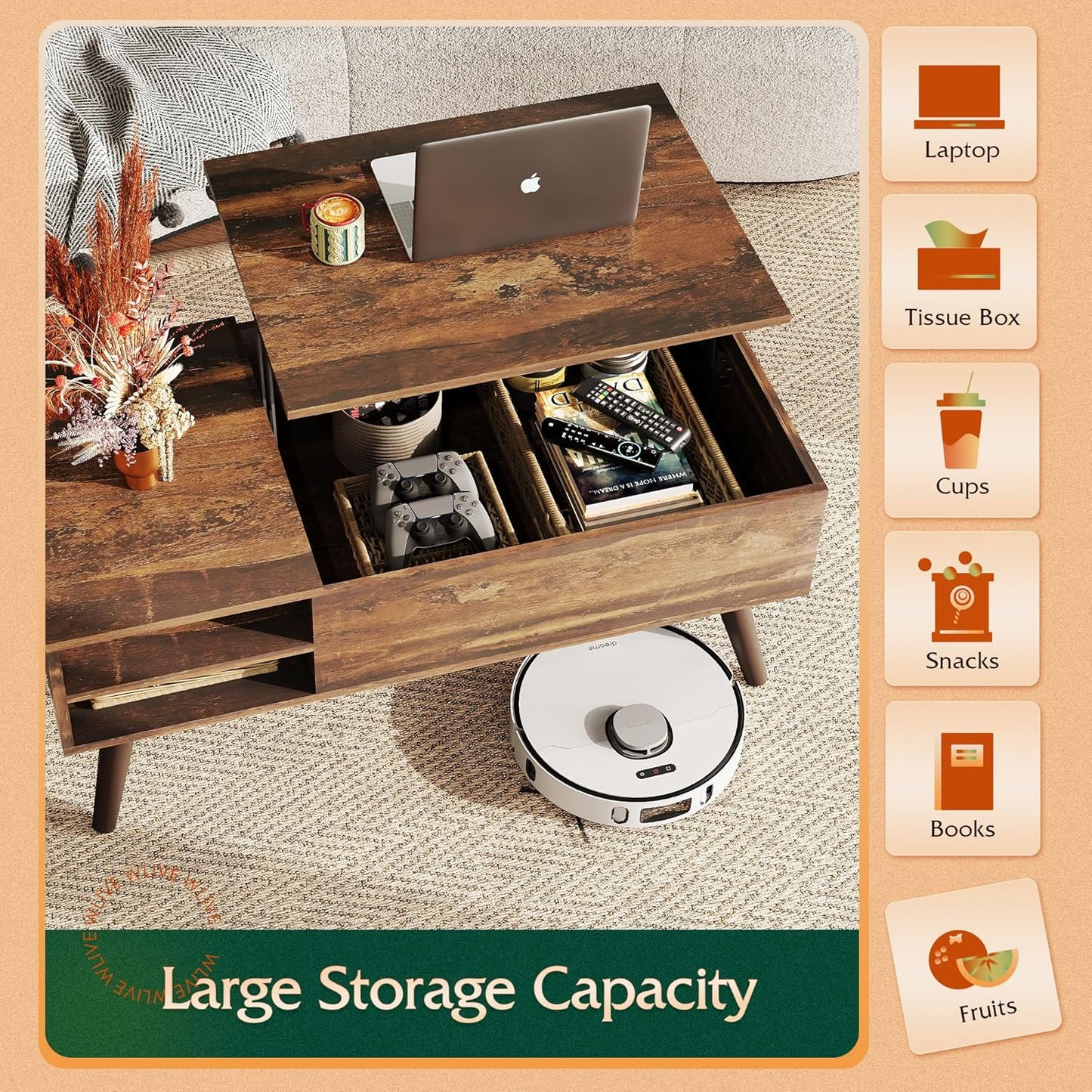 Coffee Table With Adjustable Shelf for Living Room or Office