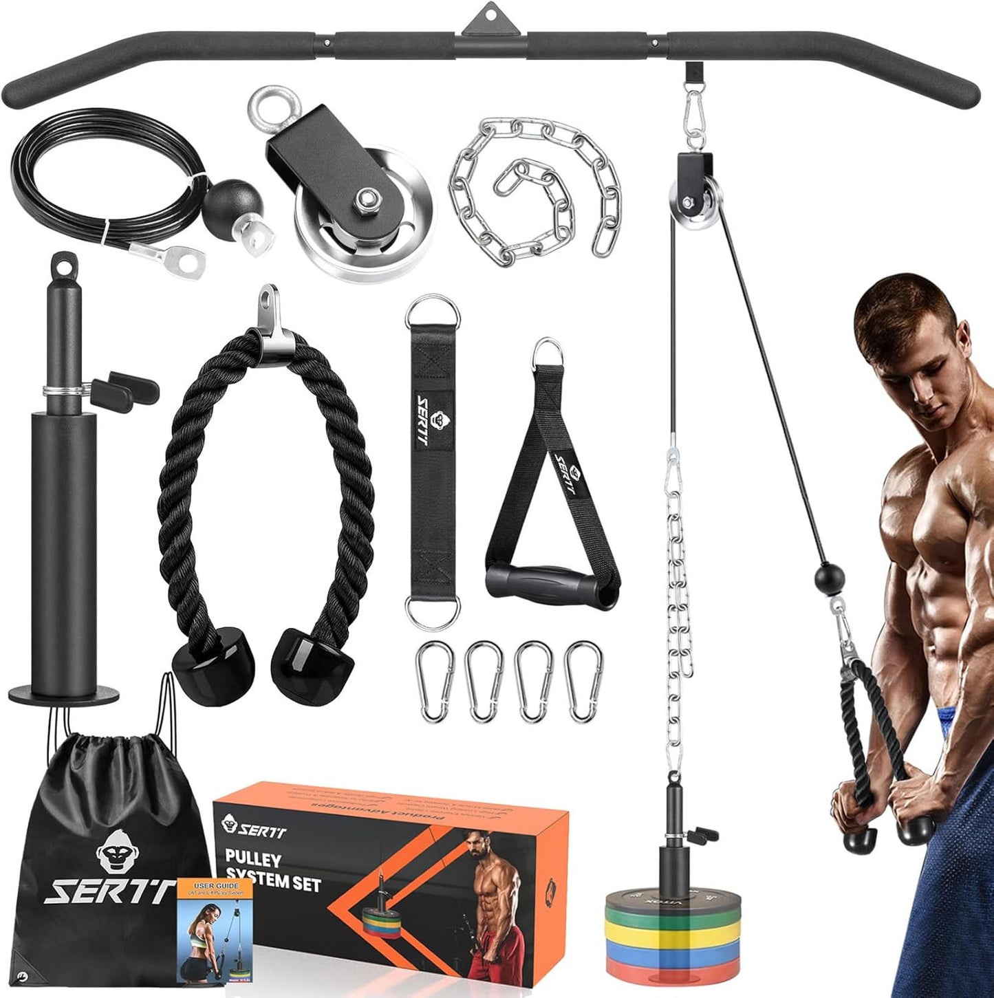 Cable Pulley System Gym LAT Pulldown 2-in-1 Bar Triceps Biceps Back